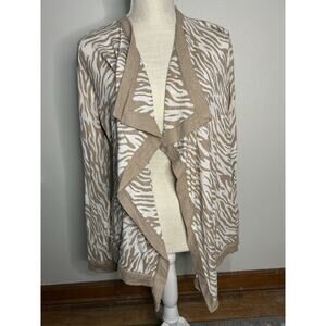 Calvin Klein Womens Zebra Print Tan And White Soft Knit Waterfall Cardigan Sz M